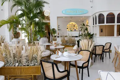 Cane chairs around round tables beneath an indoor tree at Wasl 51