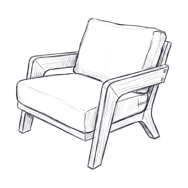 Pencil drawing of a solid teak lounge chair with a broad sculpted arm and loose cushions