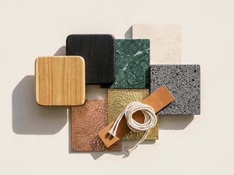 Flat lay of the sample set: light and blackened teak, green marble, travertine, lava stone, hammered brass and copper, a leather strip and a coil of macrame cord