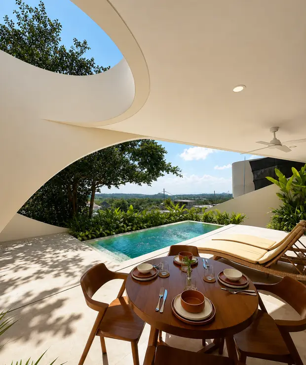 A round timber dining table and chairs beside the pool at Villa Sunseeker